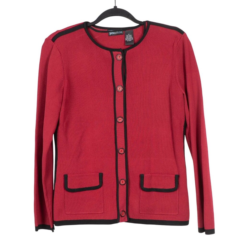 Yarns & Stitches Cardigan Sweater Sleeveless Top Set S Womens 90s Red Black Trim